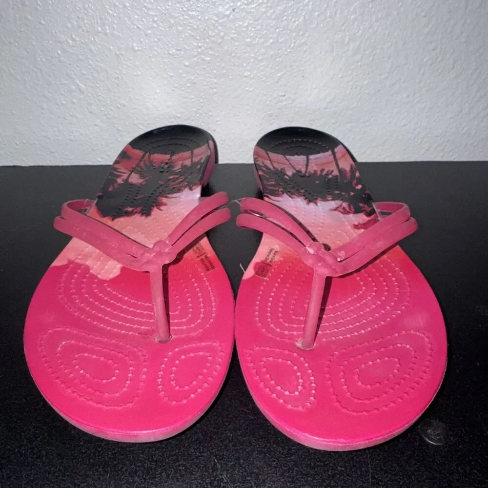 Crocs Isabella 204196 Jelly Pink Black Palm Trees Flip Flops Womens SIZE 10